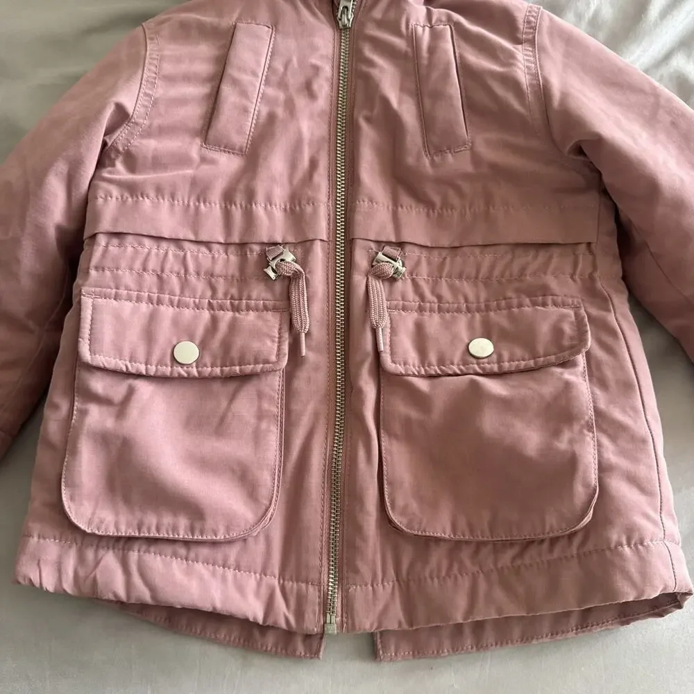 H&M Girls 3T Pink Hooded Puffer Jacket Faux Fur Trim Mid-Length Winter Outdoor